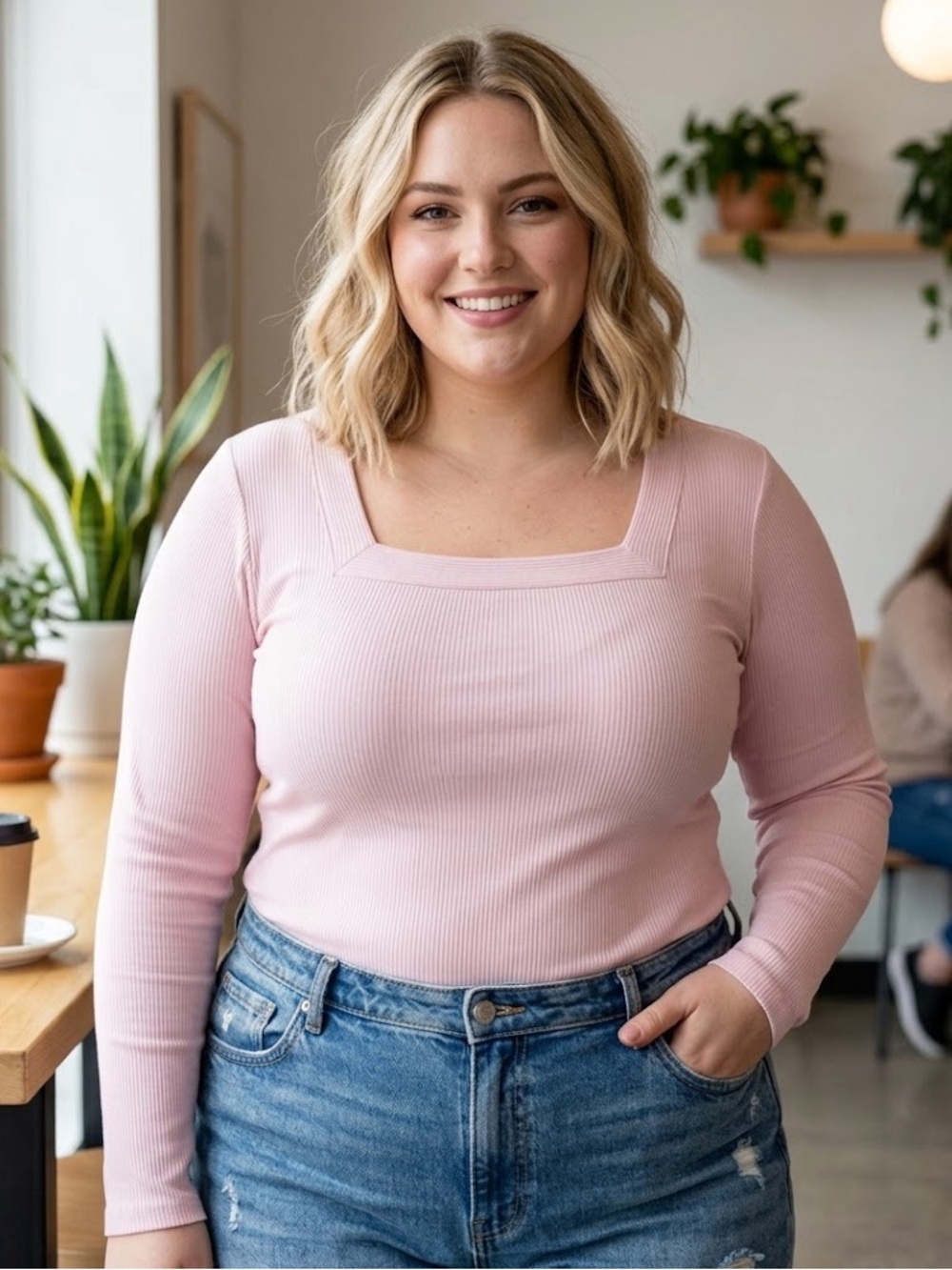 Terra & Sky Ribbed Square-Neck Long Sleeve Top - Light Pink
